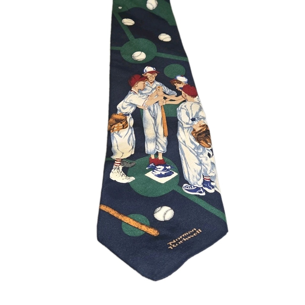 Vintage Norman Rockwell Baseball Silk Tie Mens Navy Blue Sandlot Choosing Sides